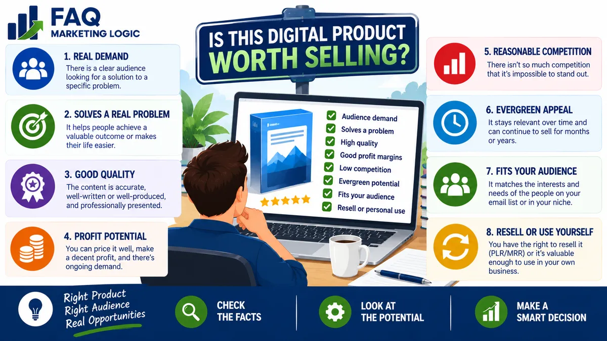 FAQ Marketing Logic infographic explaining how to evaluate whether a digital product is worth selling, including audience demand, problem-solving value, product quality, profit potential, competition, evergreen appeal, audience fit and resale rights.