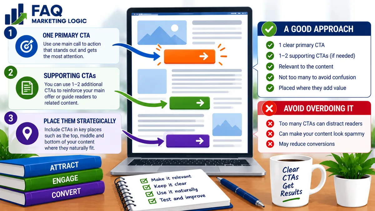 FAQ Marketing Logic infographic explaining how many calls to action to use in content, showing one clear primary CTA with one or two supporting CTAs placed strategically to guide readers without creating confusion or reducing conversions.