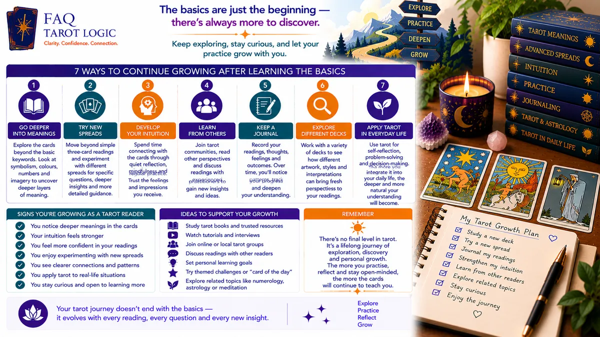 Infographic showing how to grow beyond tarot basics through deeper card study, new spreads, stronger intuition, journaling, different decks, community learning, and regular practice.