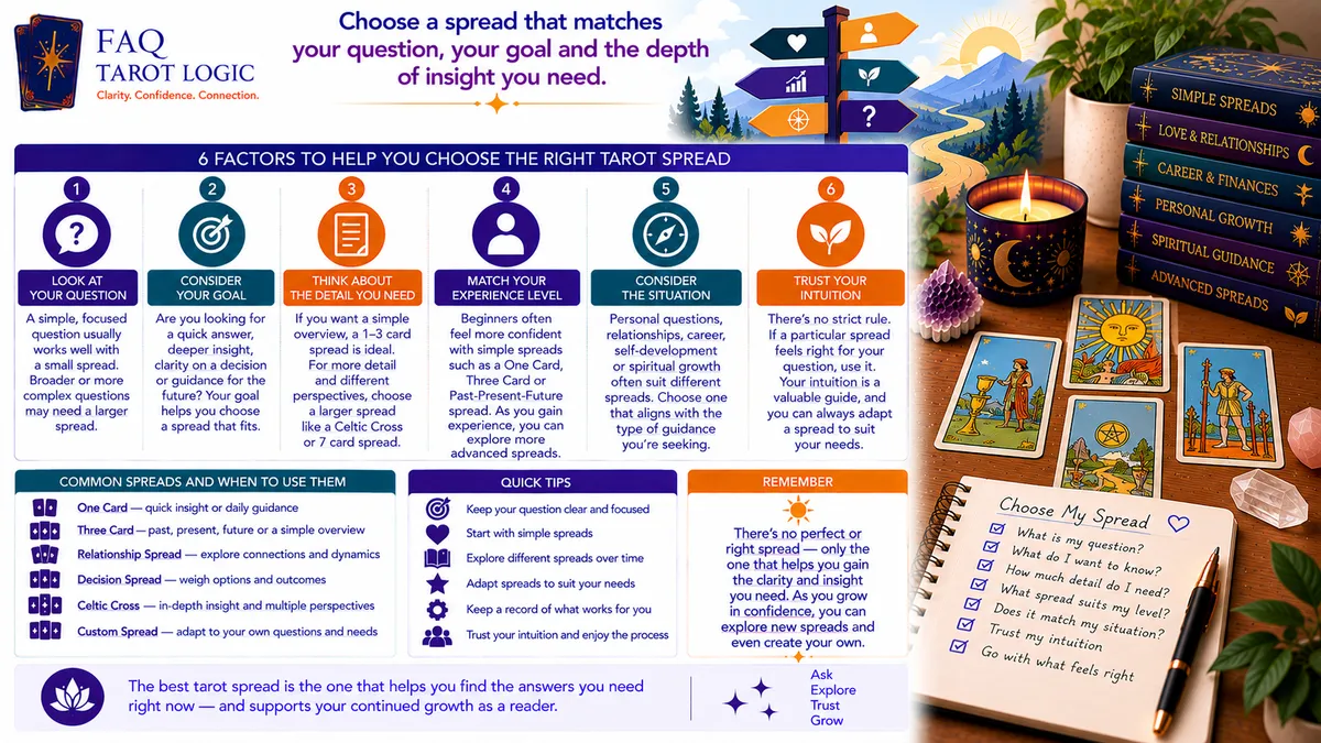 Infographic showing how to choose the right tarot spread based on your question, goal, detail needed, experience level, situation, and intuition.