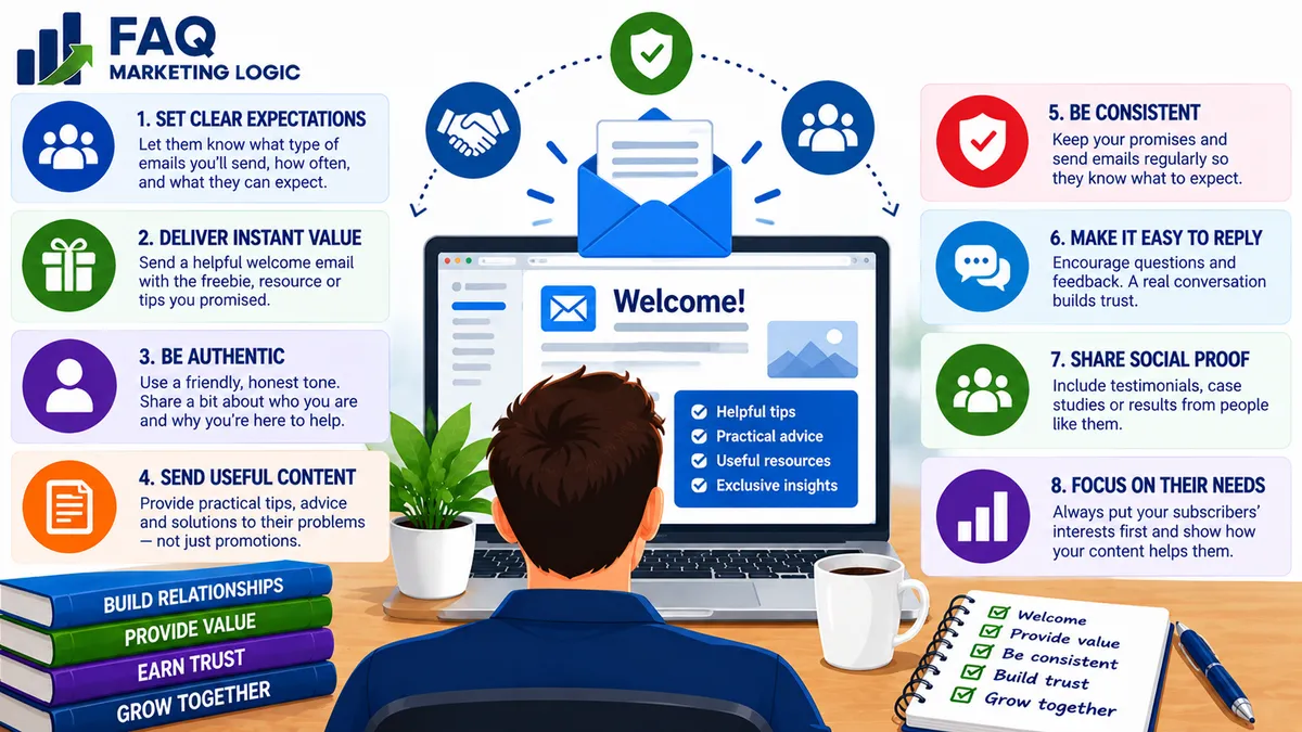 FAQ Marketing Logic infographic explaining how to build trust with new email subscribers by setting clear expectations, delivering immediate value, being authentic, sharing useful content, staying consistent, encouraging replies and focusing on subscriber needs.