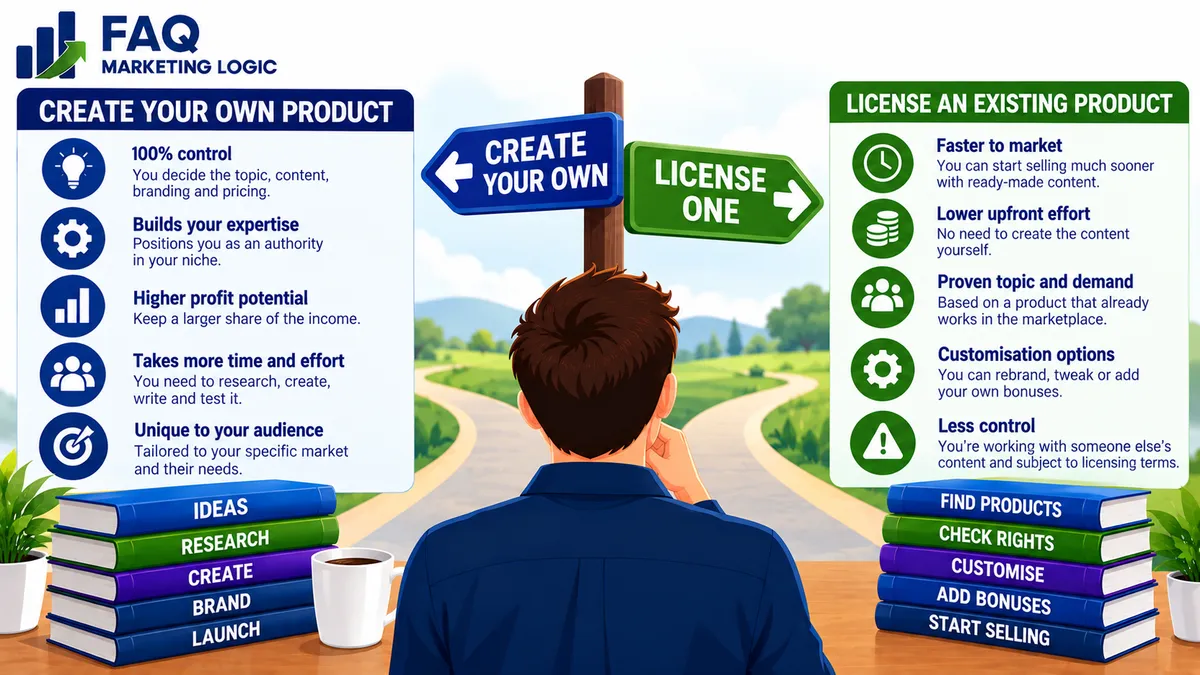 FAQ Marketing Logic infographic comparing creating your own digital product with licensing an existing product, including differences in control, time, effort, profit potential, customisation, market demand and licensing rights to help choose the right approach.