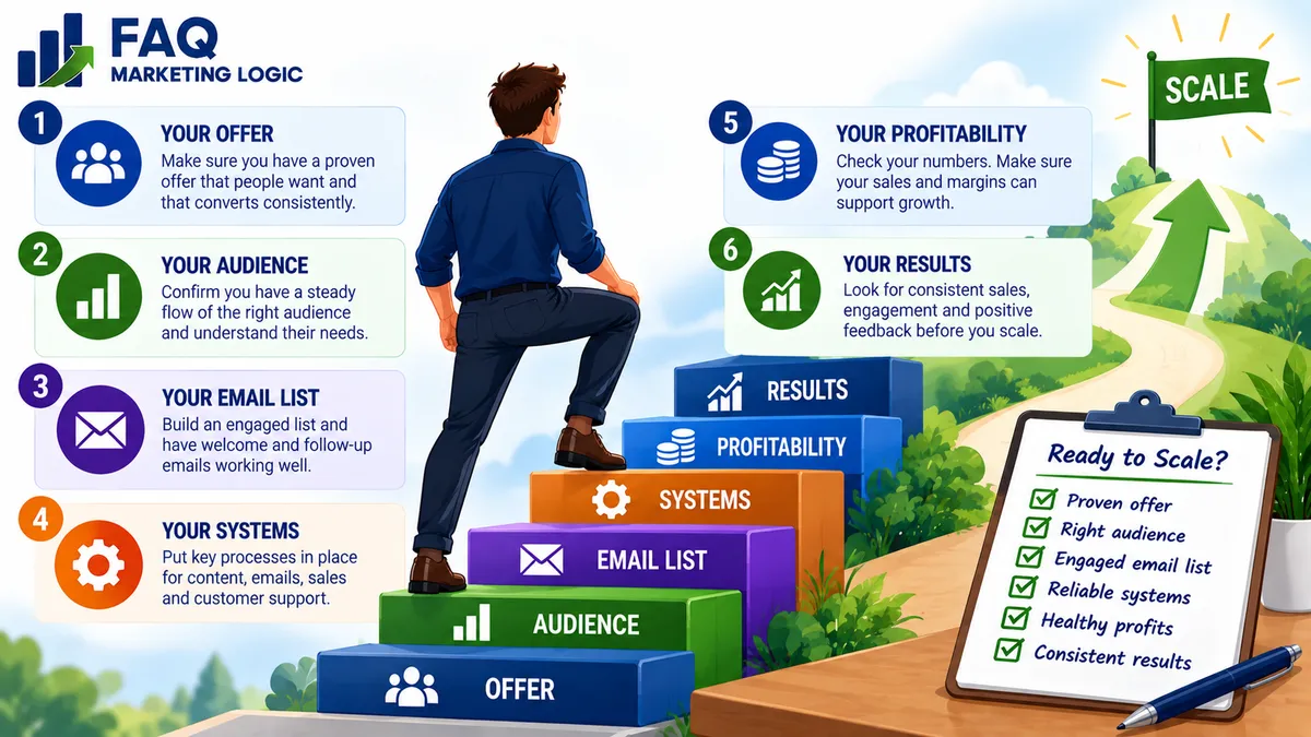 FAQ Marketing Logic infographic explaining what to improve before scaling a business, including a proven offer, the right audience, an engaged email list, reliable systems, healthy profitability and consistent results to create a stronger foundation for sustainable growth.