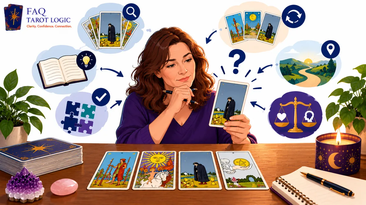 Infographic showing how to interpret a tarot card that seems out of place by considering context, surrounding cards, symbolism, patterns, perspective, and intuition.