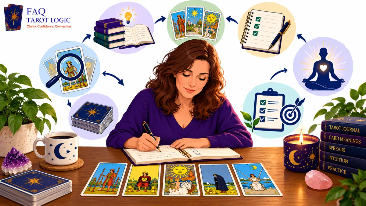 Infographic showing how to make tarot readings more consistent through regular practice, journaling, card study, clear intentions, reflection, structured spreads, and trusting intuition.