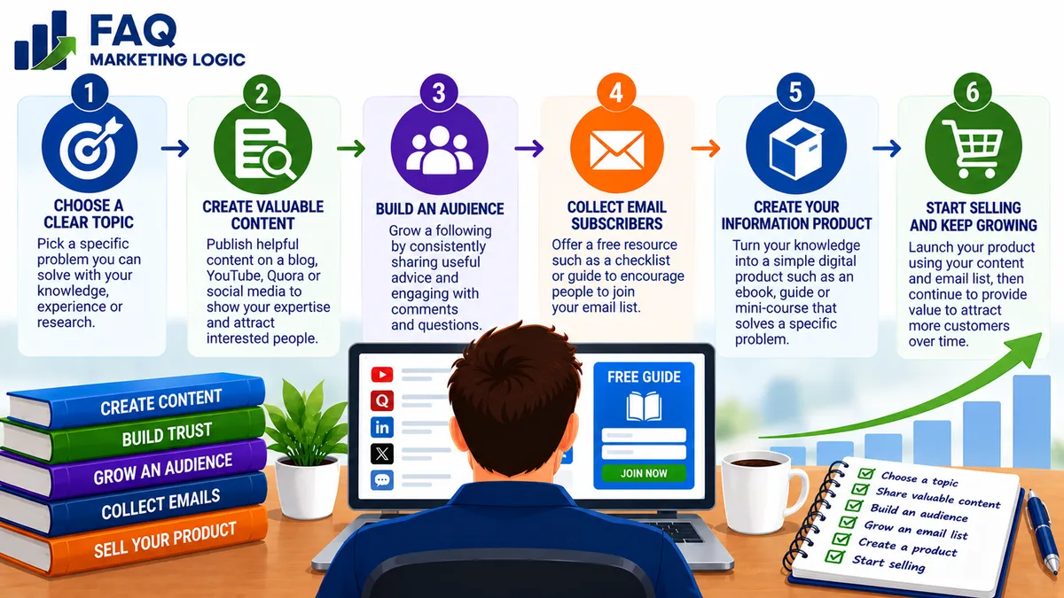 FAQ Marketing Logic infographic explaining how to sell information products without an existing audience, using a six-step framework covering niche selection, valuable content, audience building, email subscribers, digital product creation and ongoing sales growth.