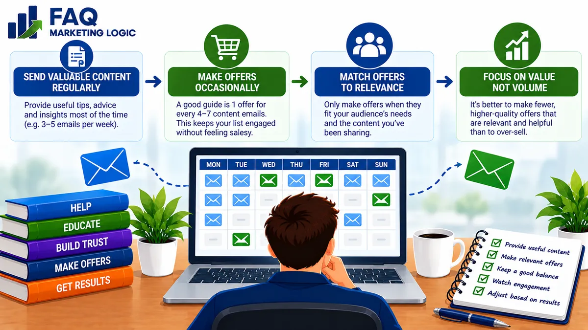 FAQ Marketing Logic infographic explaining how often to make offers to an email list, showing how to balance valuable content with relevant promotions, maintain subscriber engagement, build trust and adjust email frequency to improve conversions without overwhelming subscribers.