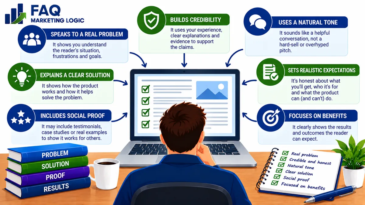 FAQ Marketing Logic infographic explaining what makes a sales letter believable, including understanding customer problems, building credibility, using a natural tone, presenting clear solutions, setting realistic expectations, providing social proof and highlighting genuine benefits to build trust and improve conversions.
