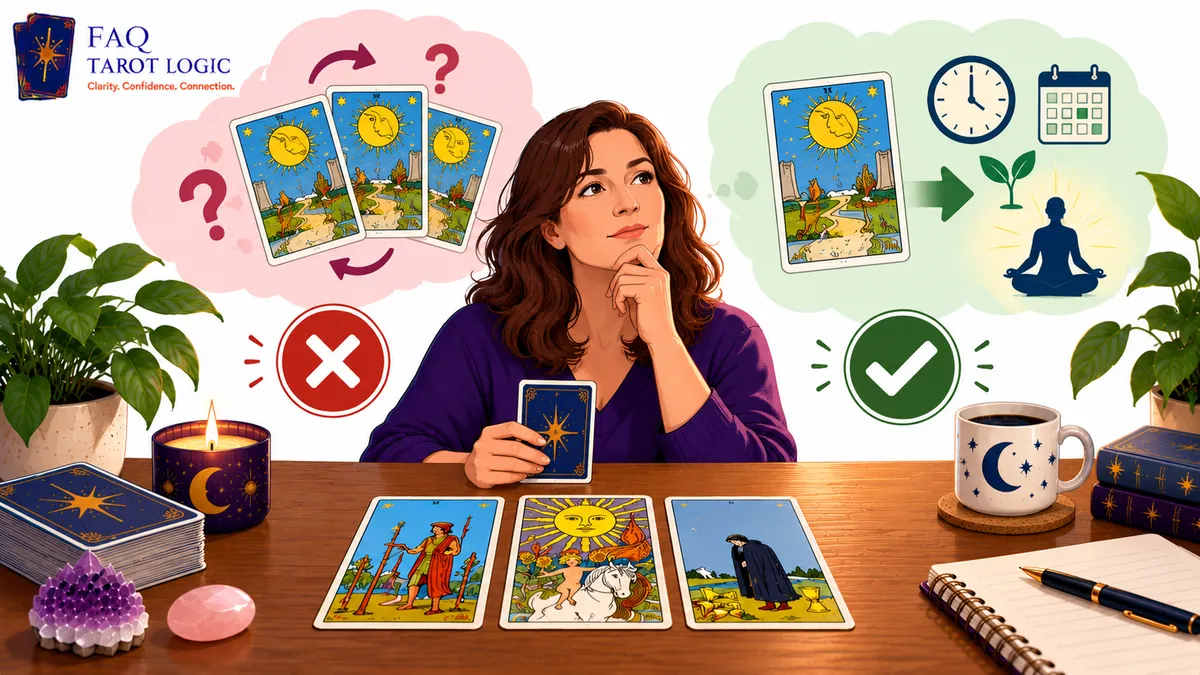 Infographic exploring repeated tarot readings about the same situation, showing when to pause, allow time for reflection, avoid confusion, and seek fresh insight.