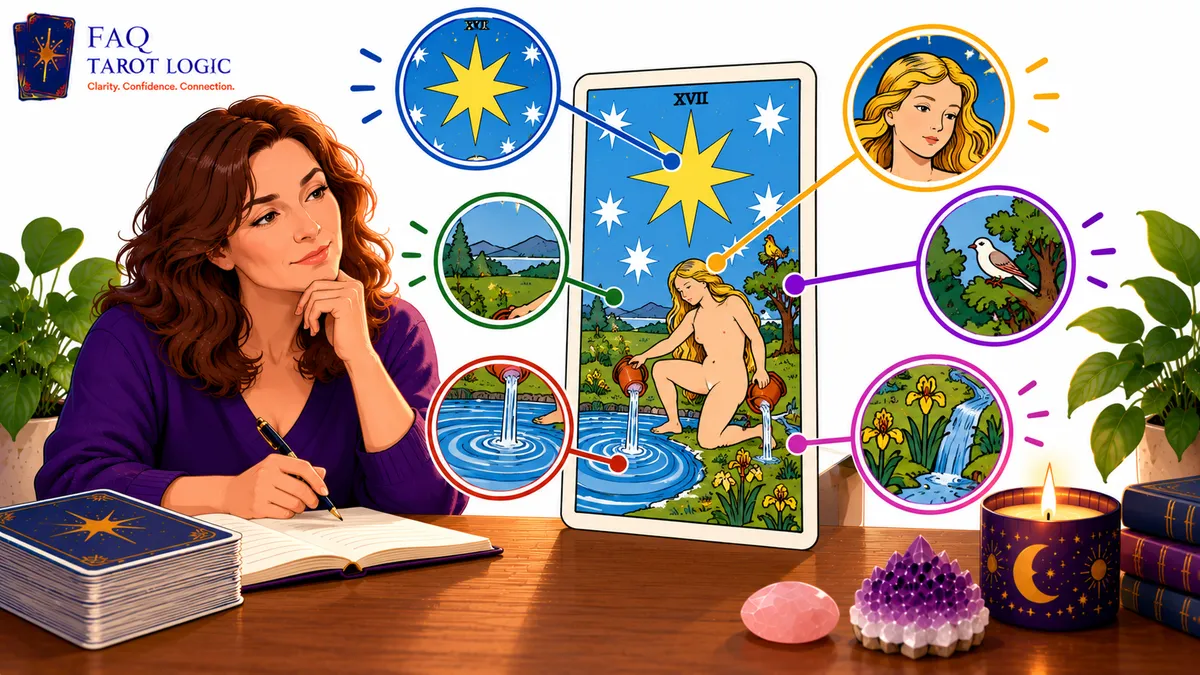 Infographic showing how to focus on tarot card symbolism, highlighting imagery, colours, figures, landscapes, water, and intuitive details within The Star tarot card.