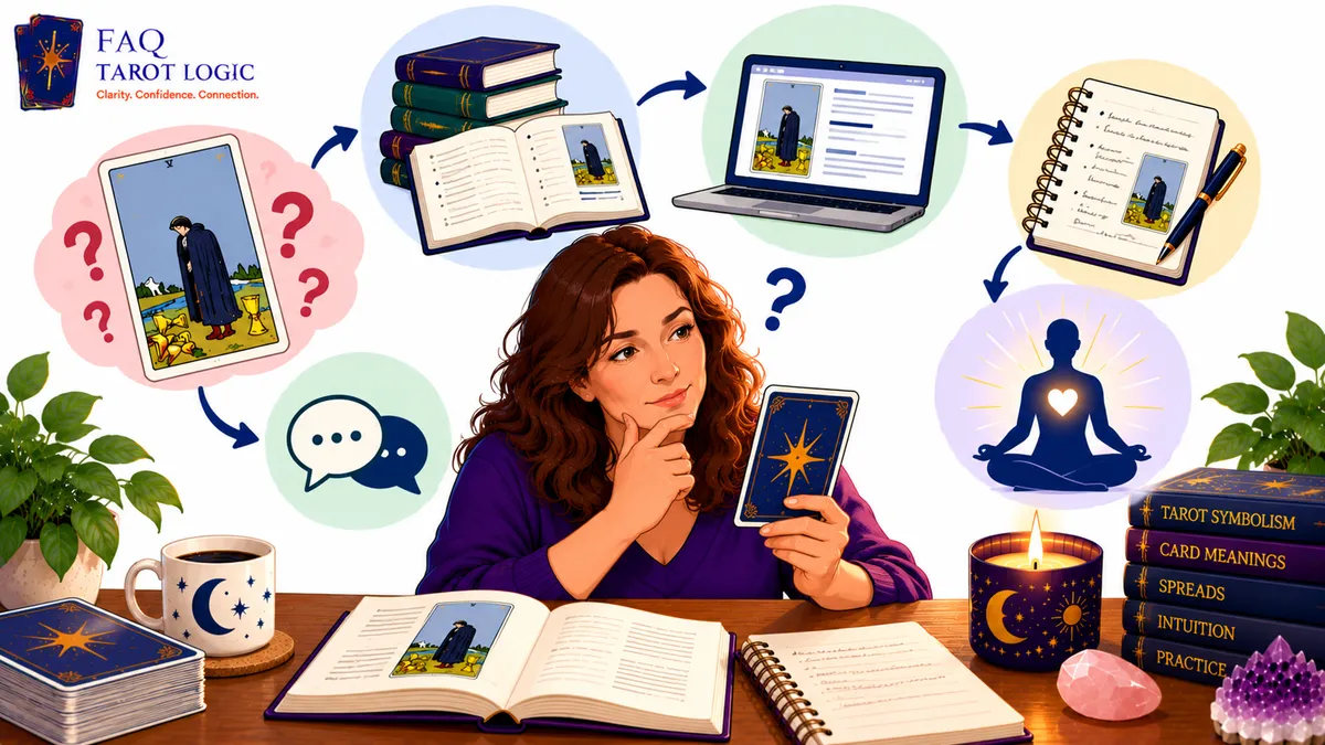 Infographic showing how to understand an unfamiliar tarot card through studying symbolism, consulting guidebooks, researching meanings, journaling, discussing interpretations, and trusting intuition.
