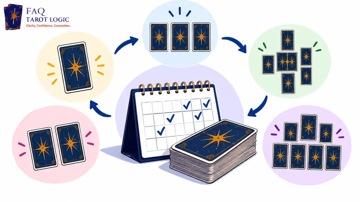 Infographic illustrating regular tarot spread practice with a calendar, tarot deck, and different card layouts, highlighting consistency, flexibility, and developing reading confidence.