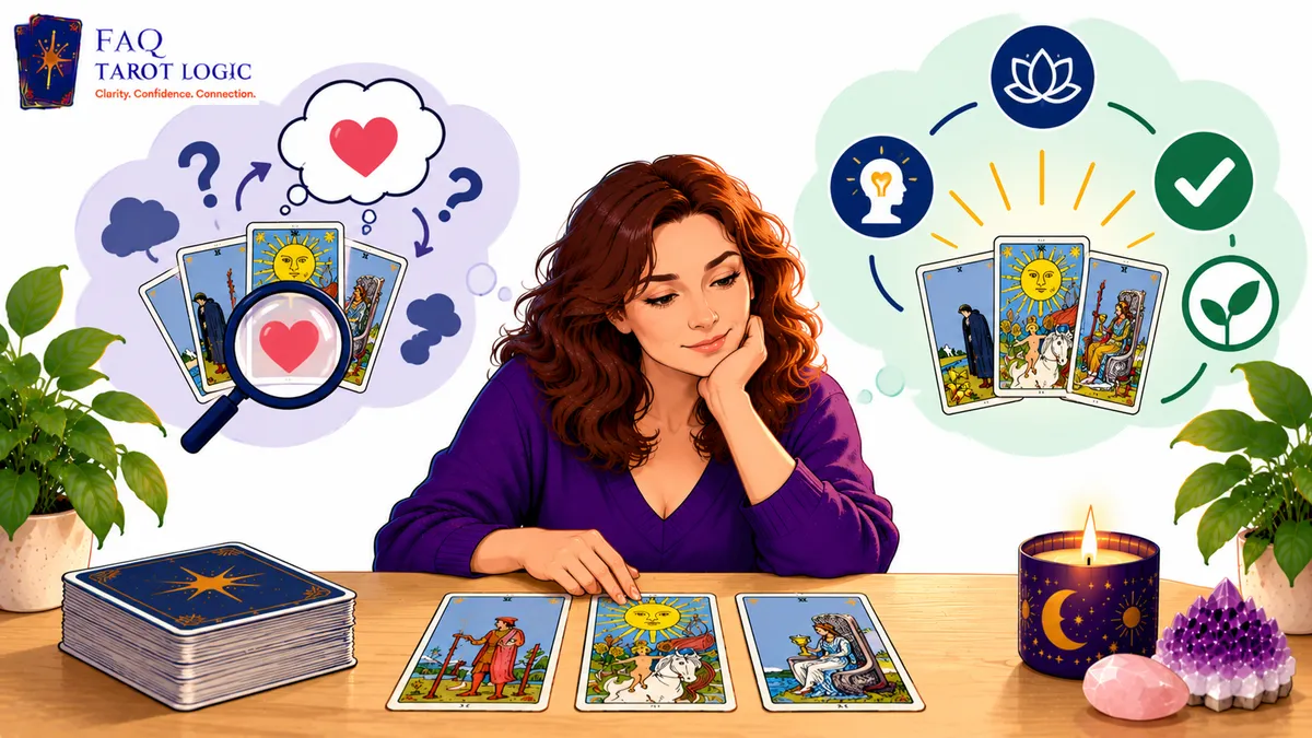 Infographic showing how to avoid confirmation bias in tarot readings by recognising personal expectations, staying objective, considering different interpretations, and trusting intuition.