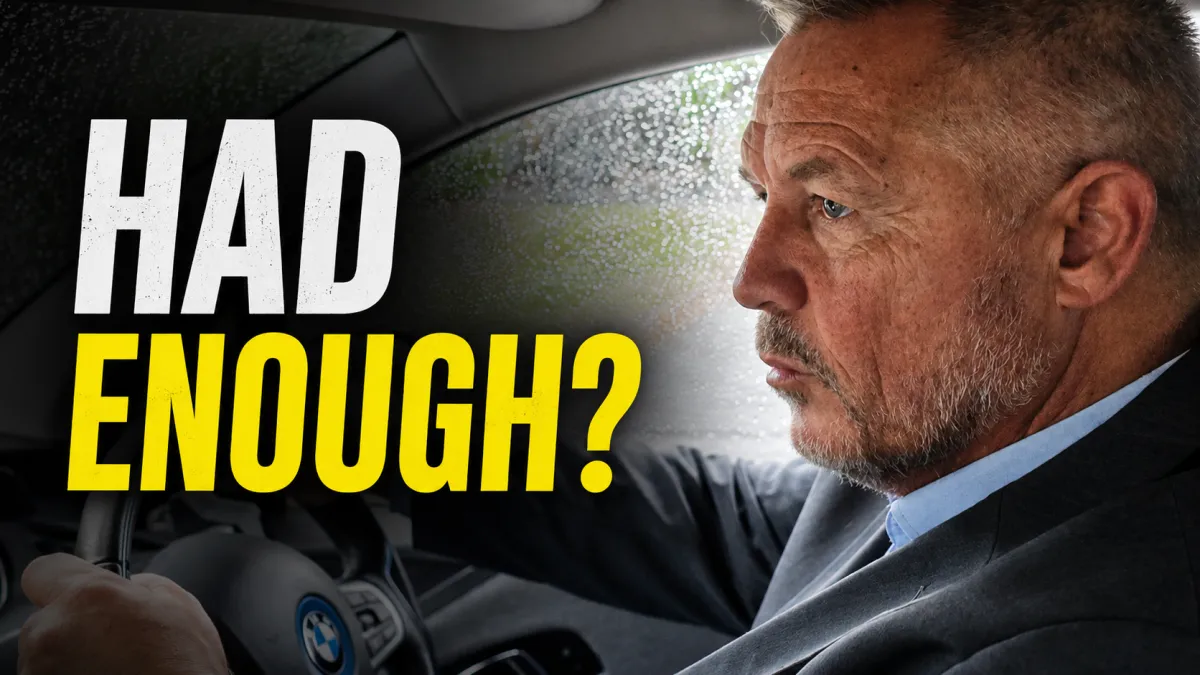 Wayne Phipps sitting in his car before work with the words “Had Enough?” on screen.
