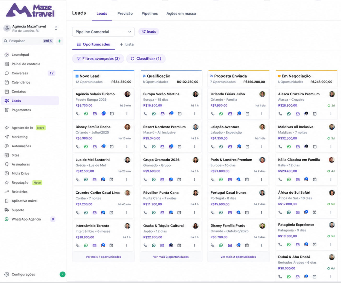 Mockup CRM funil kanban