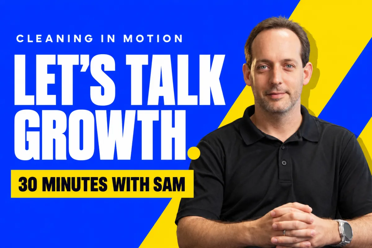 Sam Klein in a Cleaning in Motion design reading Let’s Talk Growth. 30 Minutes with Sam.
