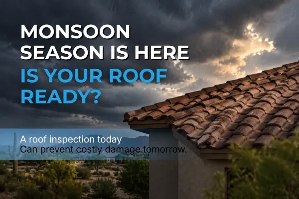 Arizona home roof prepared for monsoon season with storm clouds in the background
