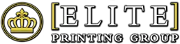 Elite Printing Group logo with gold crown emblem and bold black lettering, symbolizing professional printing and design services in New England.