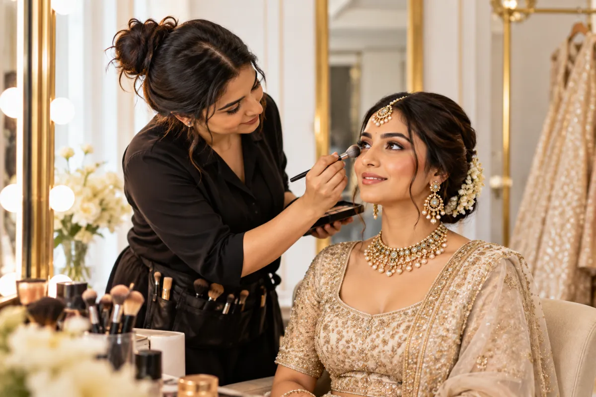 Editorial makeup artist reviewing portfolio shoots in a dark luxury studio