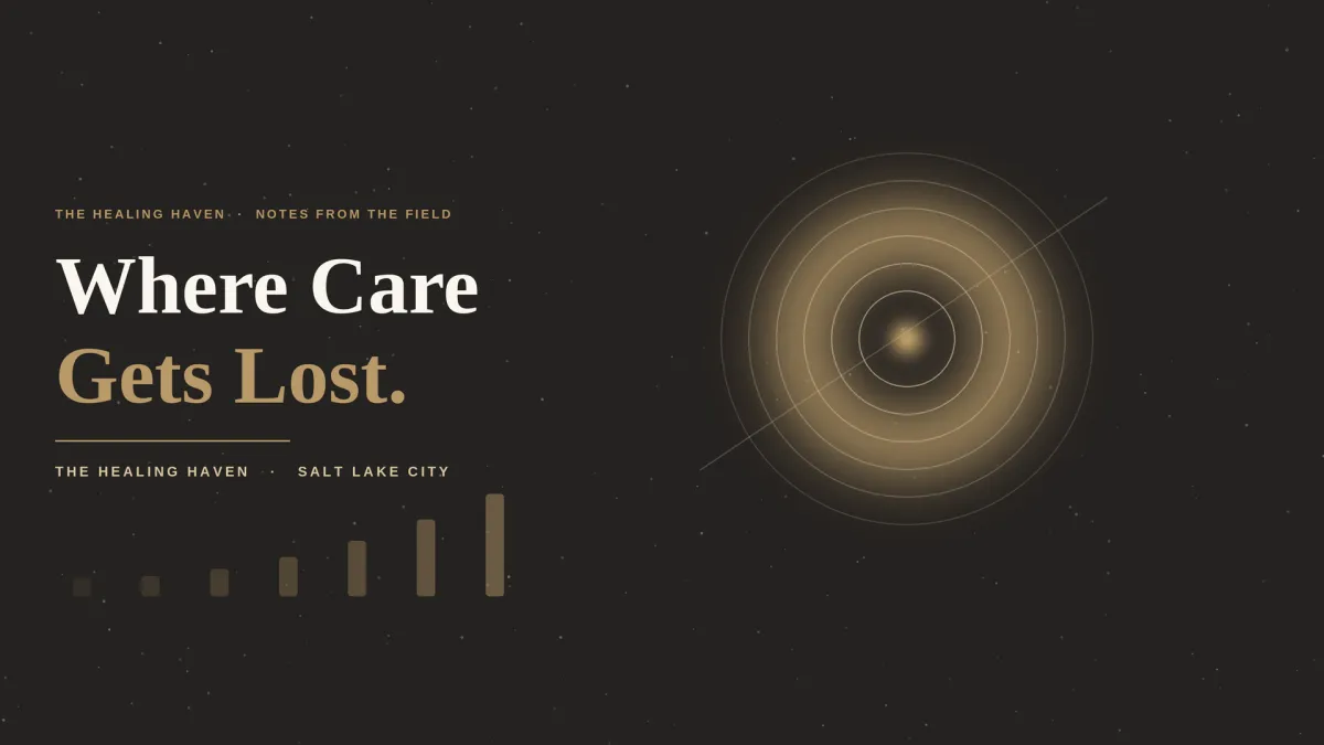 Dark charcoal graphic with concentric gold rings, ascending gold bars, and the headline "Where Care Gets Lost" for The Healing Haven, Salt Lake City
