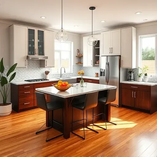 Modern kitchen remodel in Phoenix MD featuring sleek cabinetry, granite countertops, stainless steel appliances, and bright natural light.