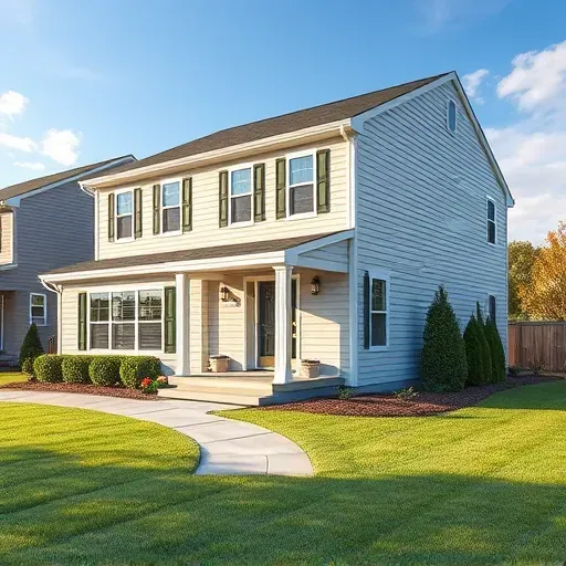 Freshly installed neutral gray siding on a modern Pasadena MD house with manicured lawn and landscaping