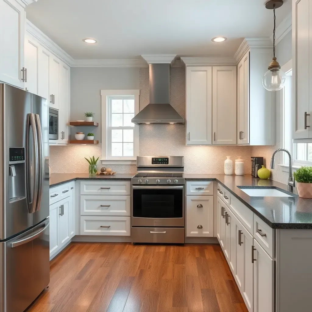 Modern kitchen in Hughesville, MD featuring navy blue cabinets, quartz countertops, a spacious island, and warm lighting.