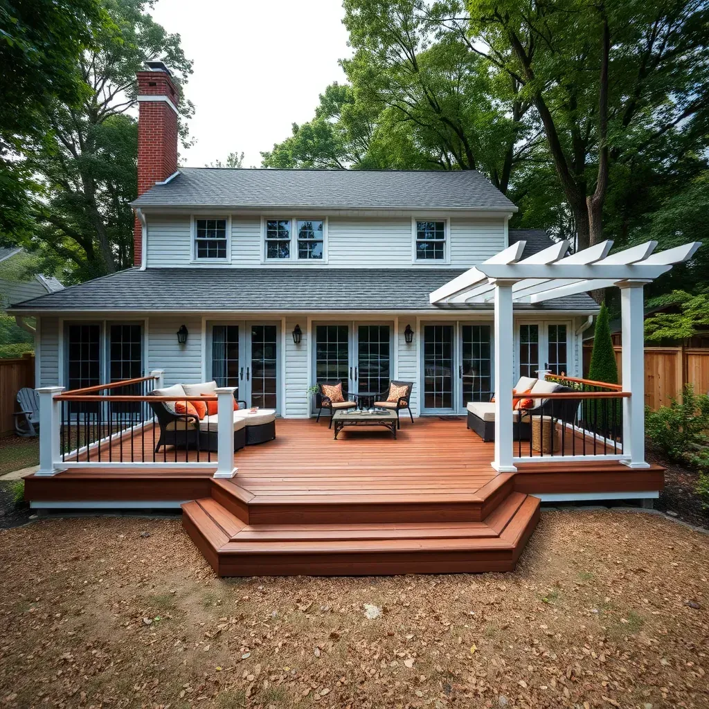 A deck builder's workspace showing tools, blueprints, and materials at a project site in Pasadena, MD.