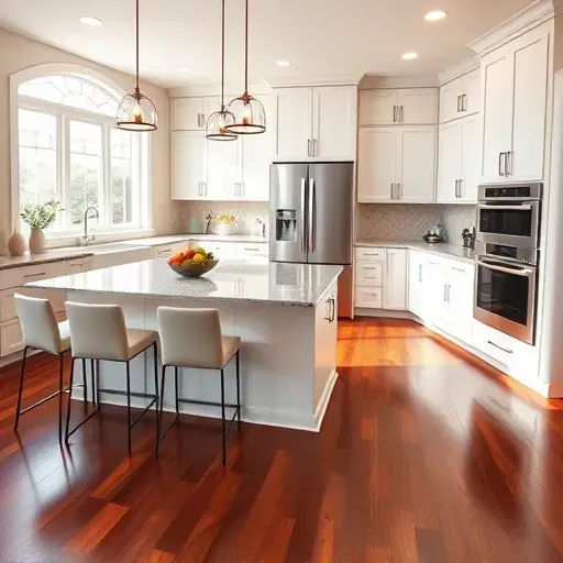 Modern Bowie MD kitchen remodel featuring white and gray cabinetry, granite island, stainless appliances, natural light.