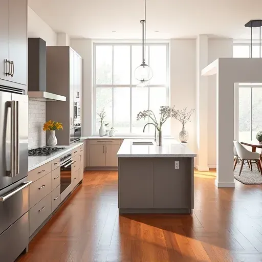 Remodeled Highland MD kitchen with matte cabinets quartz countertops stainless appliances central island hardwood floors modern decor