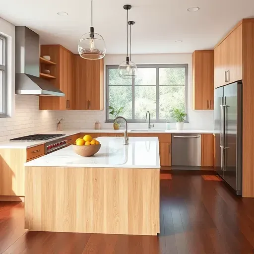 Remodeled Welcome Maryland kitchen with modern wood cabinets stainless steel appliances marble island neutral backsplash hardwood floors and greenery