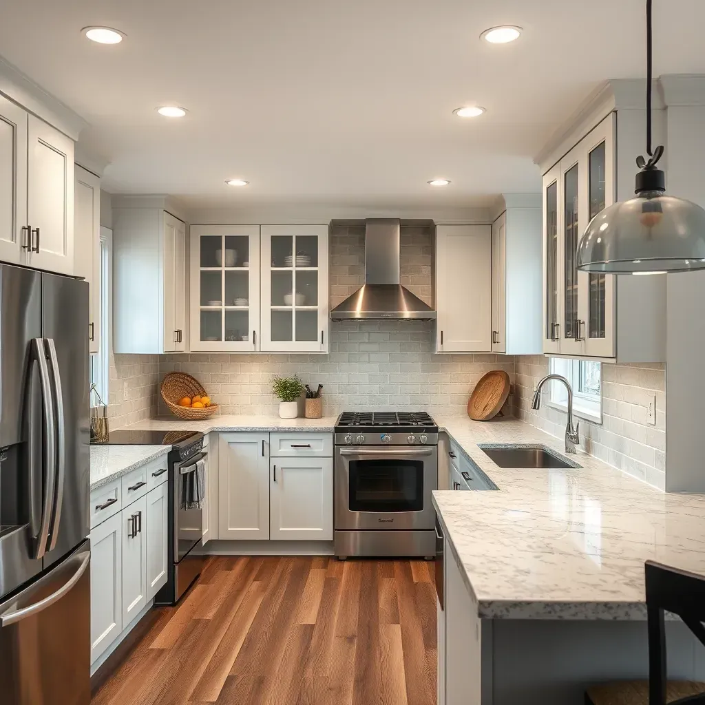 Modern Ellicott City kitchen with custom wood cabinetry, quartz countertops, stainless appliances, pendant lighting, and natural light.