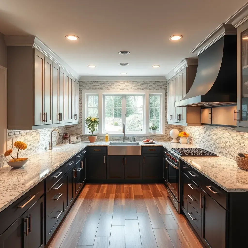 Modern Clarksburg, MD kitchen with sleek cabinets, stainless appliances, granite counters, marble island, and lush greenery.