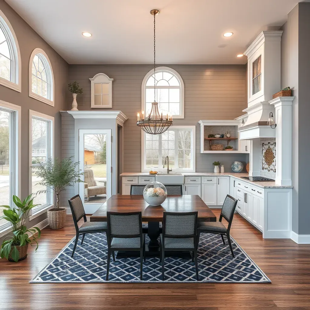 Modern kitchen in Port Republic, MD with quartz countertops, white cabinetry, stainless steel appliances, island, and large windows.