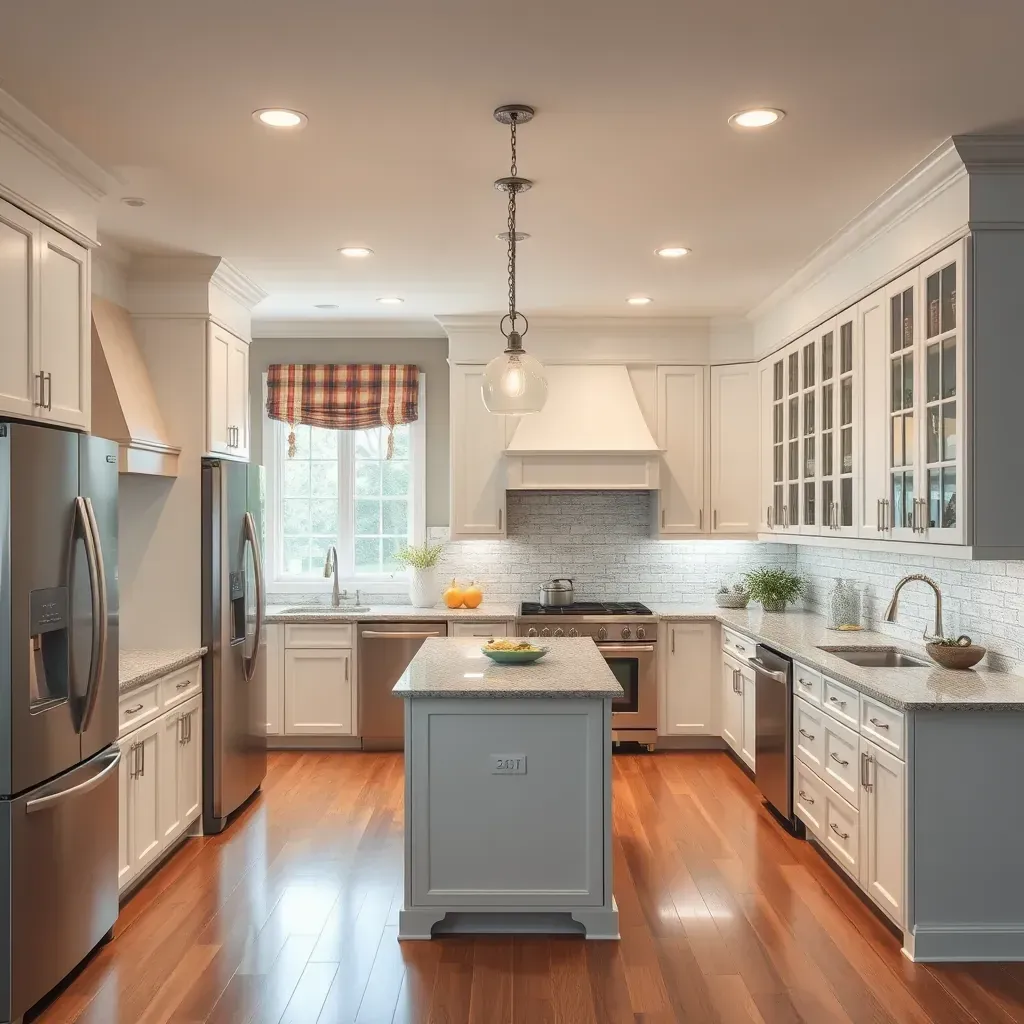 Modern Highland, MD kitchen with white quartz countertops, gray handleless cabinets, central island, stainless steel appliances, and large windows.