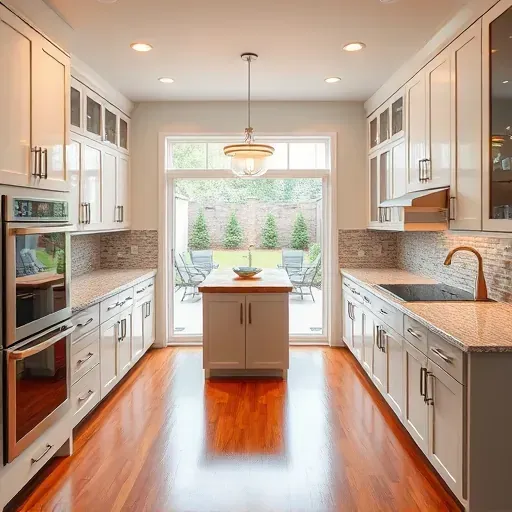 Recently remodeled modern kitchen in Fallston MD with granite countertops stainless steel appliances and lush backyard view