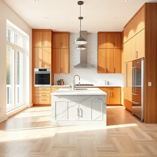 Renovated Bowie Maryland kitchen with warm wood cabinets stainless steel appliances marble countertops island subway tile backsplash hardwood floors bright natural light