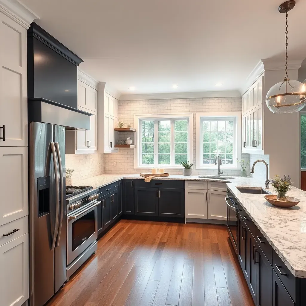 Modern Bethesda kitchen with navy cabinets, quartz counters, stainless steel appliances, hardwood floors, and abundant natural light.