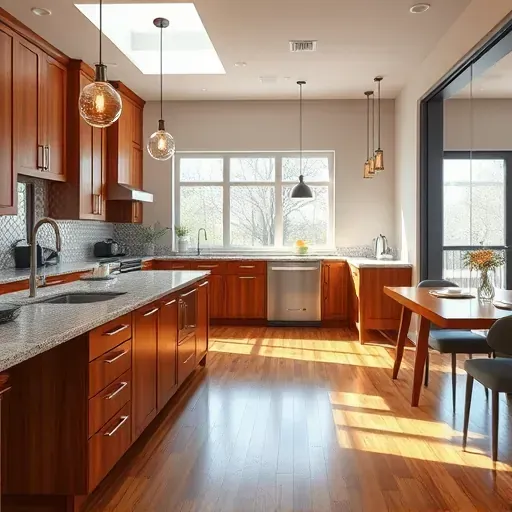 Modern kitchen remodel in Gaithersburg with granite countertops, stainless steel appliances, and custom wood cabinetry.