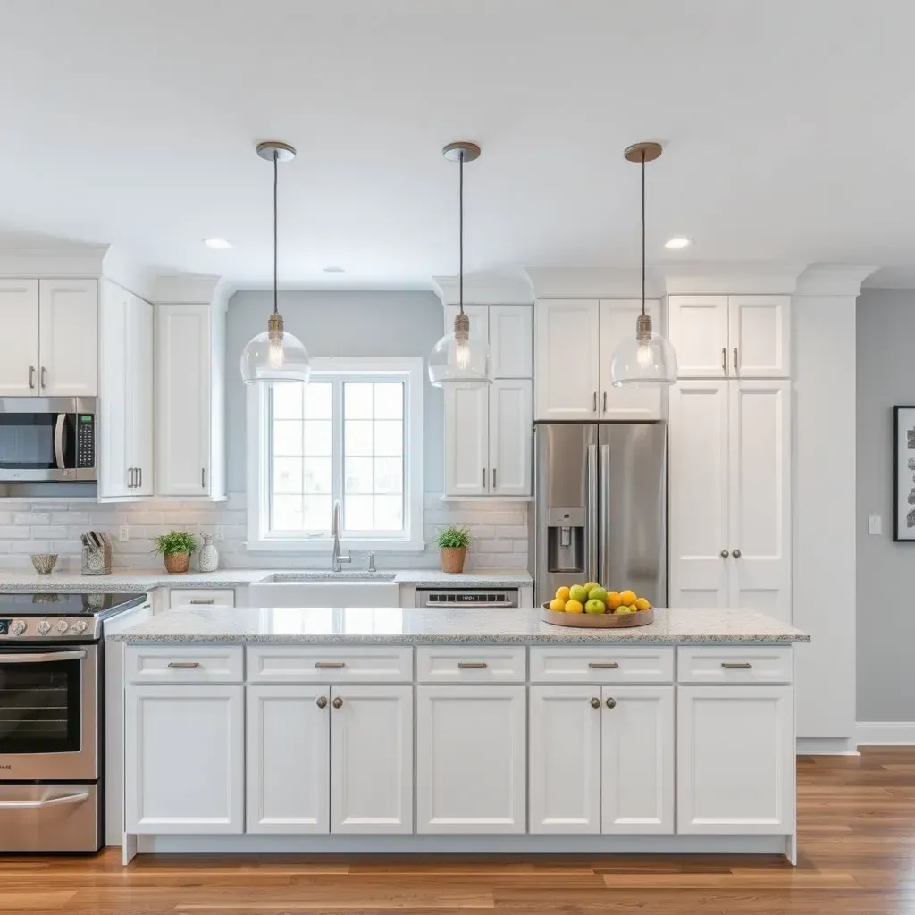 Modern Hughesville kitchen with quartz counters, warm wood cabinets, stainless steel appliances, mosaic backsplash, island, and ample natural light.