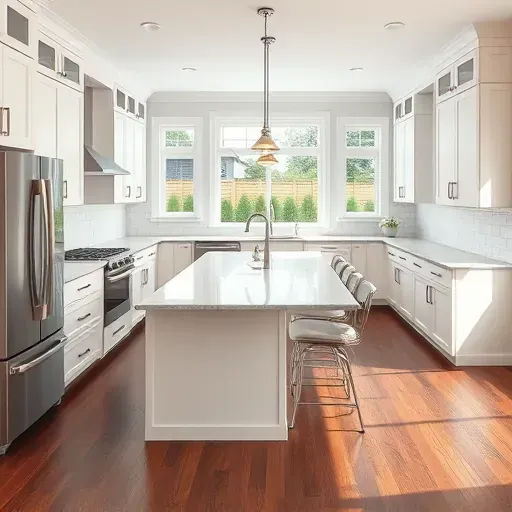 modern kitchen in Rockville MD featuring quartz countertops, stainless steel appliances, and elegant white cabinetry