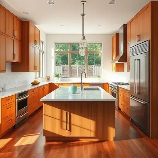 Remodeled Fallston MD kitchen with warm wood cabinets stainless steel appliances marble island hardwood floors modern design