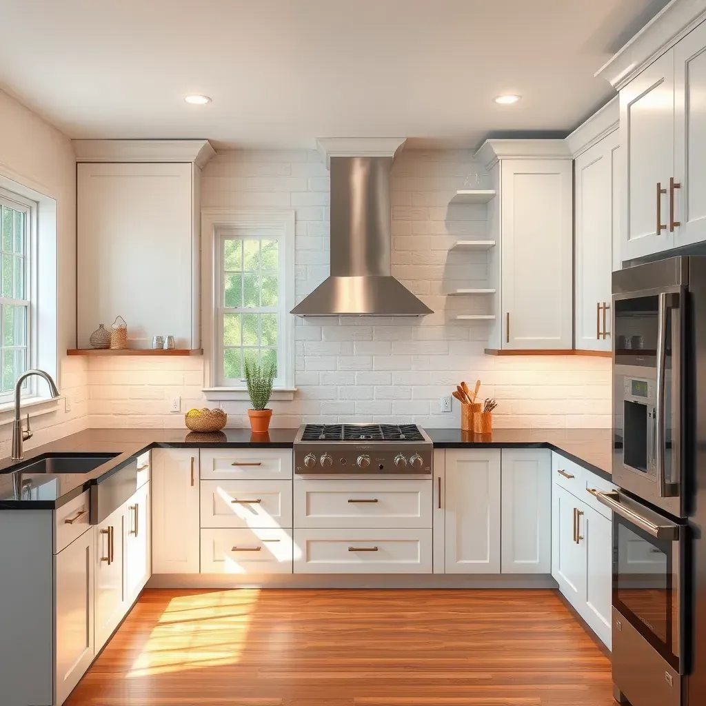 Modern Bethesda kitchen with hardwood floors, navy cabinets, quartz island, stainless appliances, and natural light.