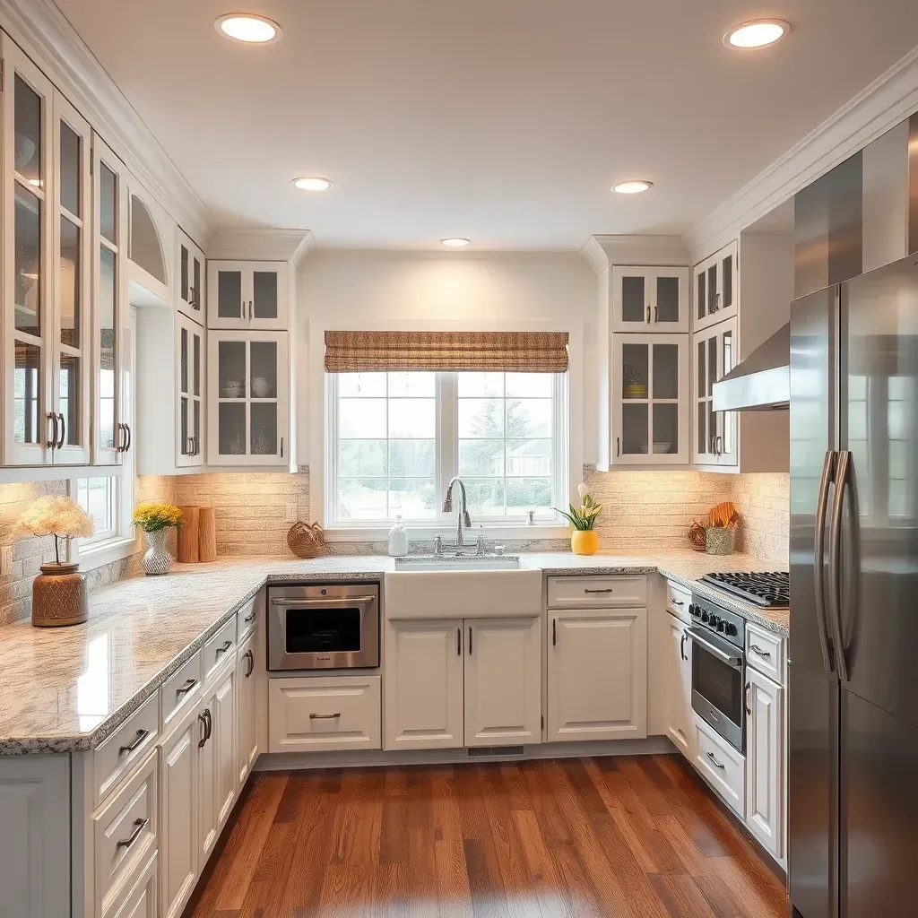Modern remodeled Millersville, MD kitchen with neutral tones, sleek cabinets, large island, and natural light.