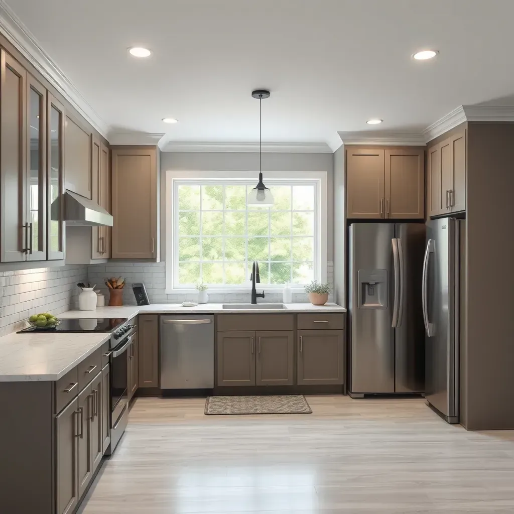 Remodeled Dunkirk, MD kitchen with sleek cabinets, granite counters, island, stainless steel appliances, and natural wood floors.