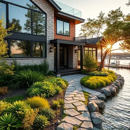 Modern Gibson Island home exterior features stone, wood, expansive windows, and lush landscaping by the waterfront.