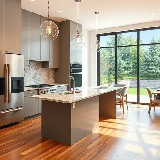 Recently remodeled modern kitchen in Gaithersburg MD with matte cabinets granite countertops stainless appliances hardwood flooring and large windows