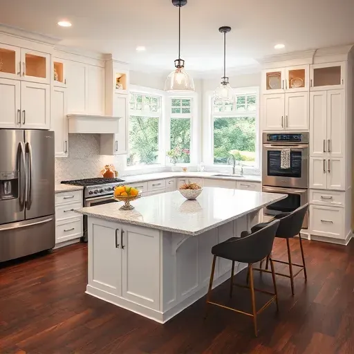 Renovated modern kitchen in Glenel MD with white cabinets stainless steel appliances large granite island hardwood floors and stylish decor