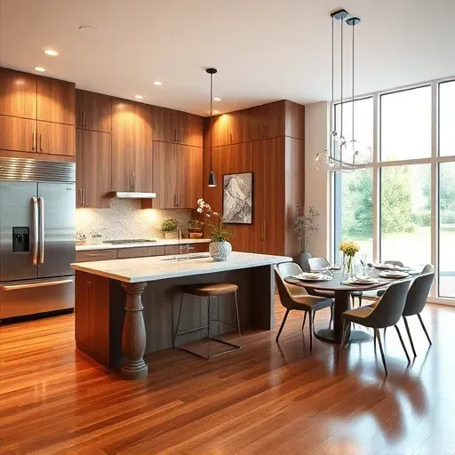 Modern Gaithersburg kitchen remodel features sleek cabinetry, marble island, stainless appliances, and open layout.