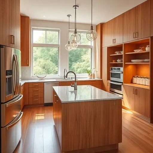 Renovated Fallston MD kitchen with modern wood cabinetry stainless steel appliances granite countertops and lush greenery outside